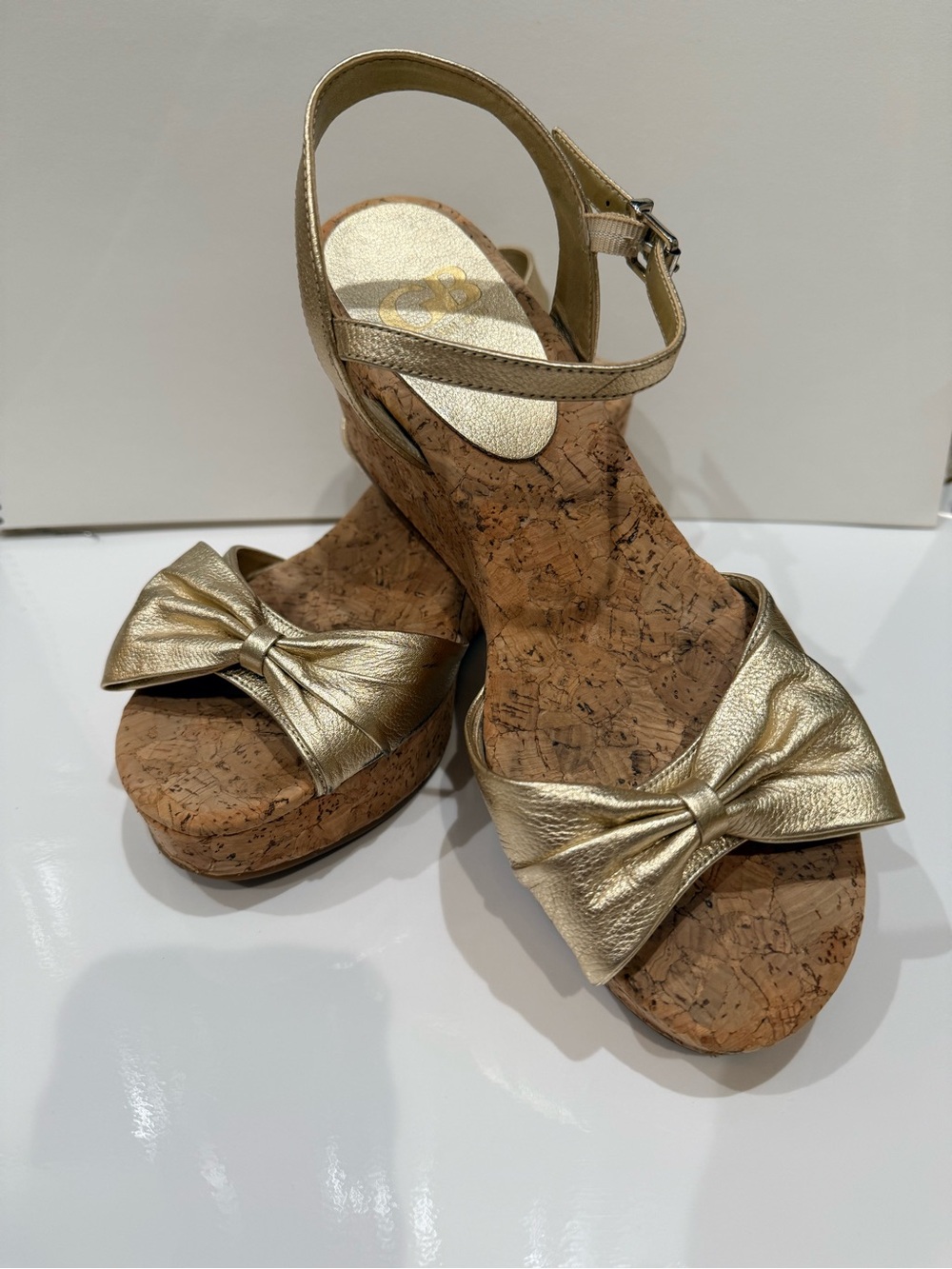 Gianni Bini Metallic Gold Bow Cork Wedge Sandals